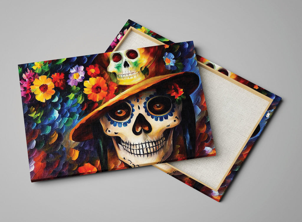Dia De Los Muertos Canvas – Colorful Sugar Skull Painting on Gallery Ready Frame