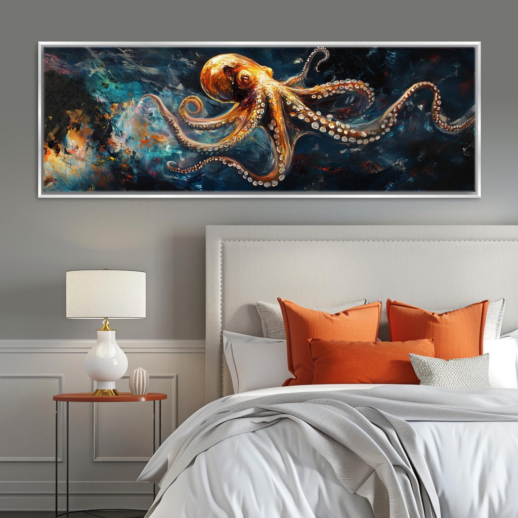 a bedroom with an octopus painting on the wall