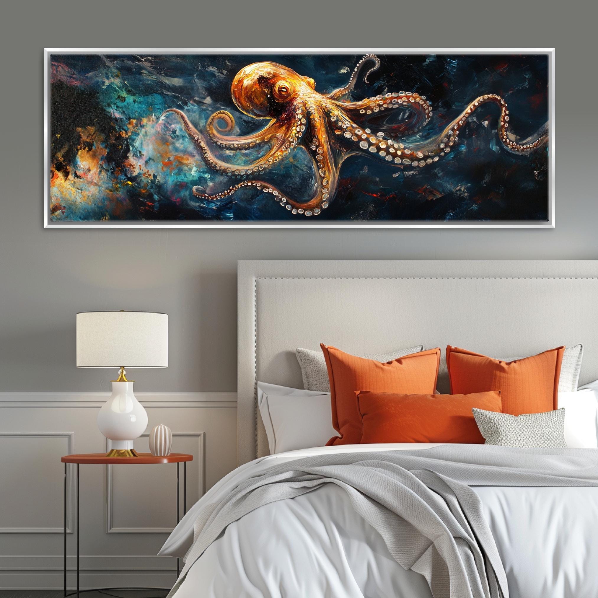 a bedroom with an octopus painting on the wall