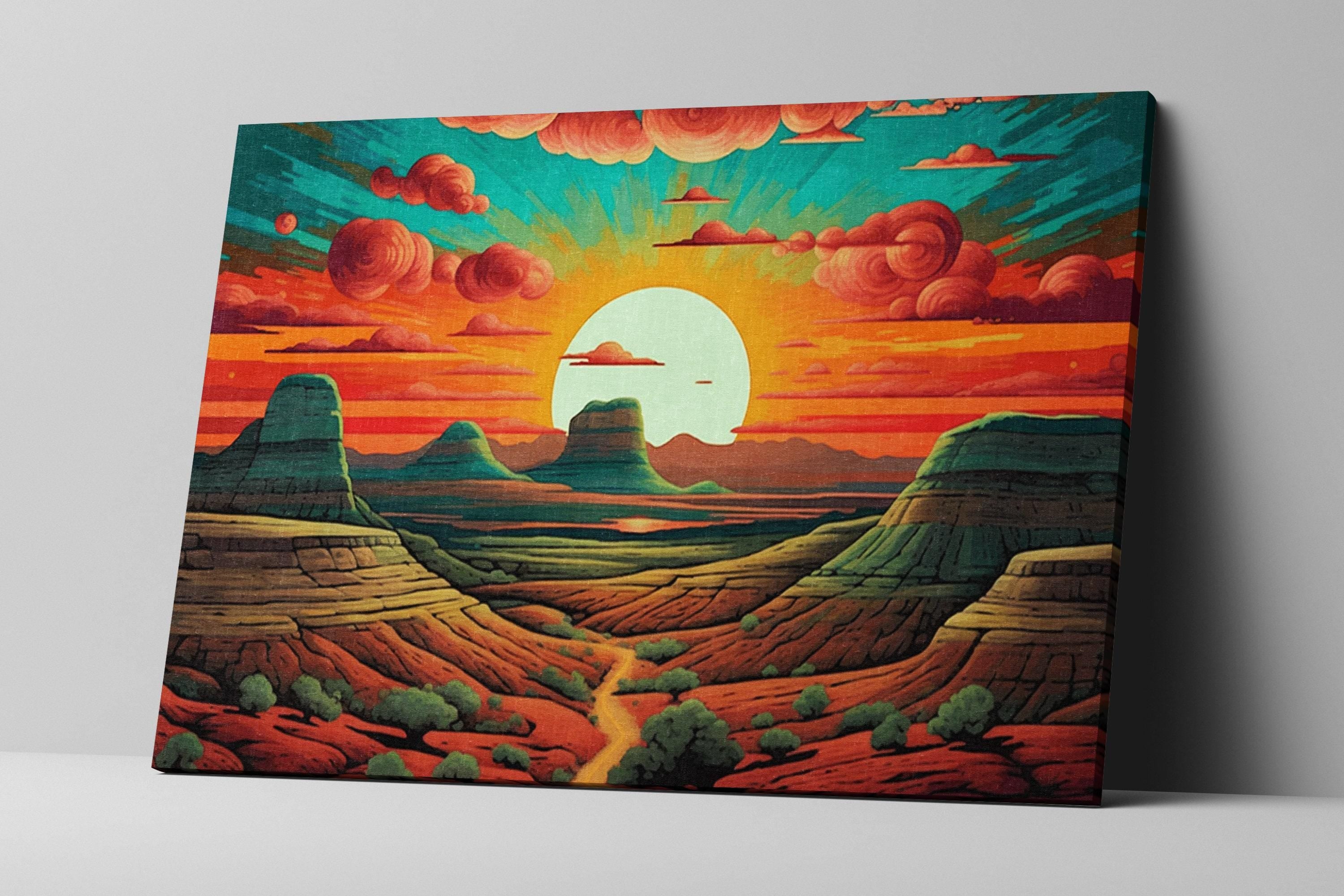 The image is a vibrant, colorful painting depicting a desert landscape with mountains, a winding path, and a large sun in the sky.