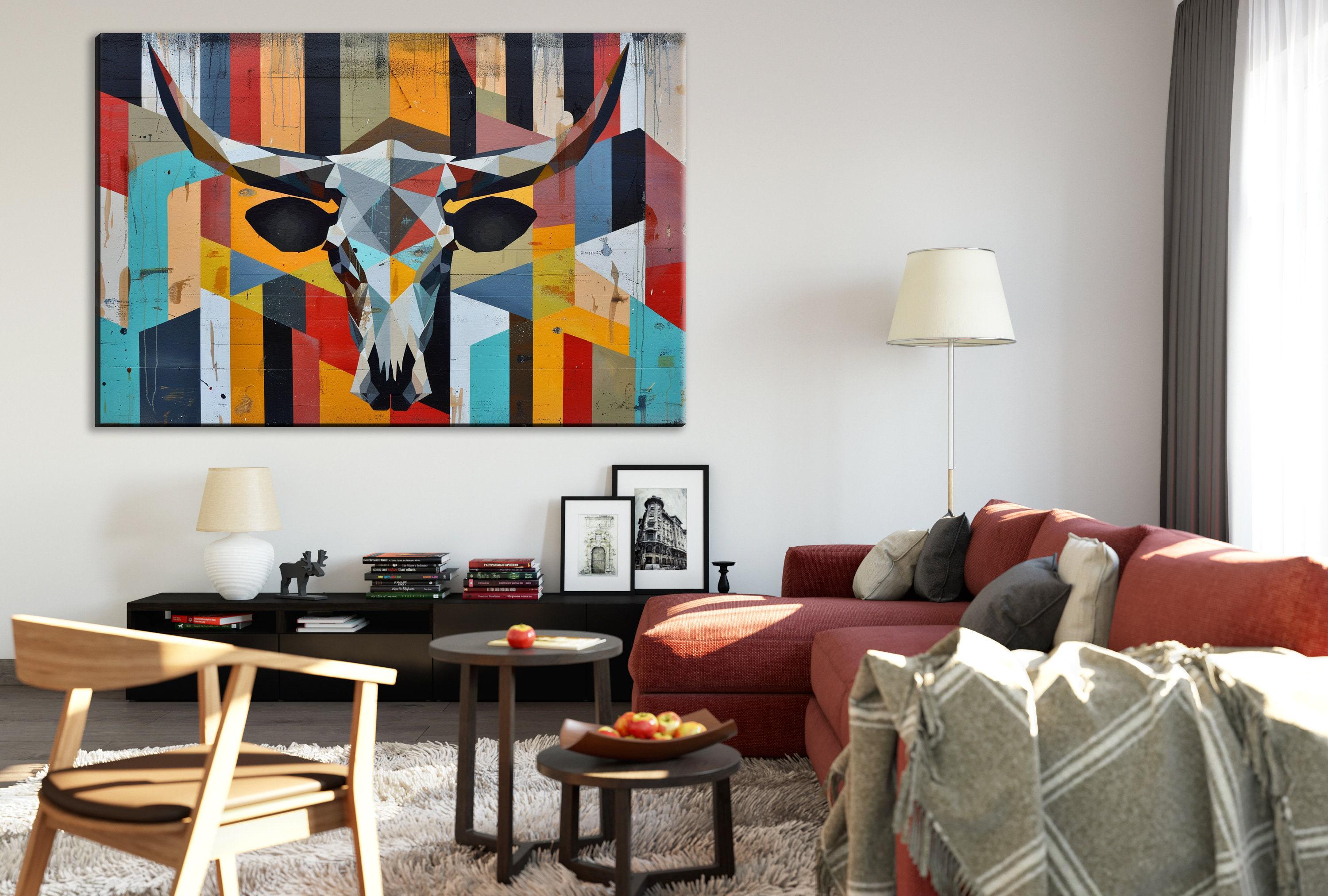 Retro Cow Skull Art - Large Canvas Wall Decor | Mid Century Modern Southwest Style