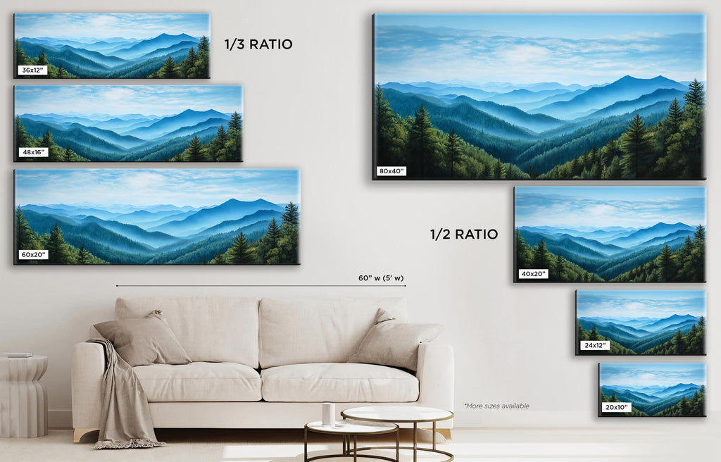 a living room with a white couch and paintings on the wall