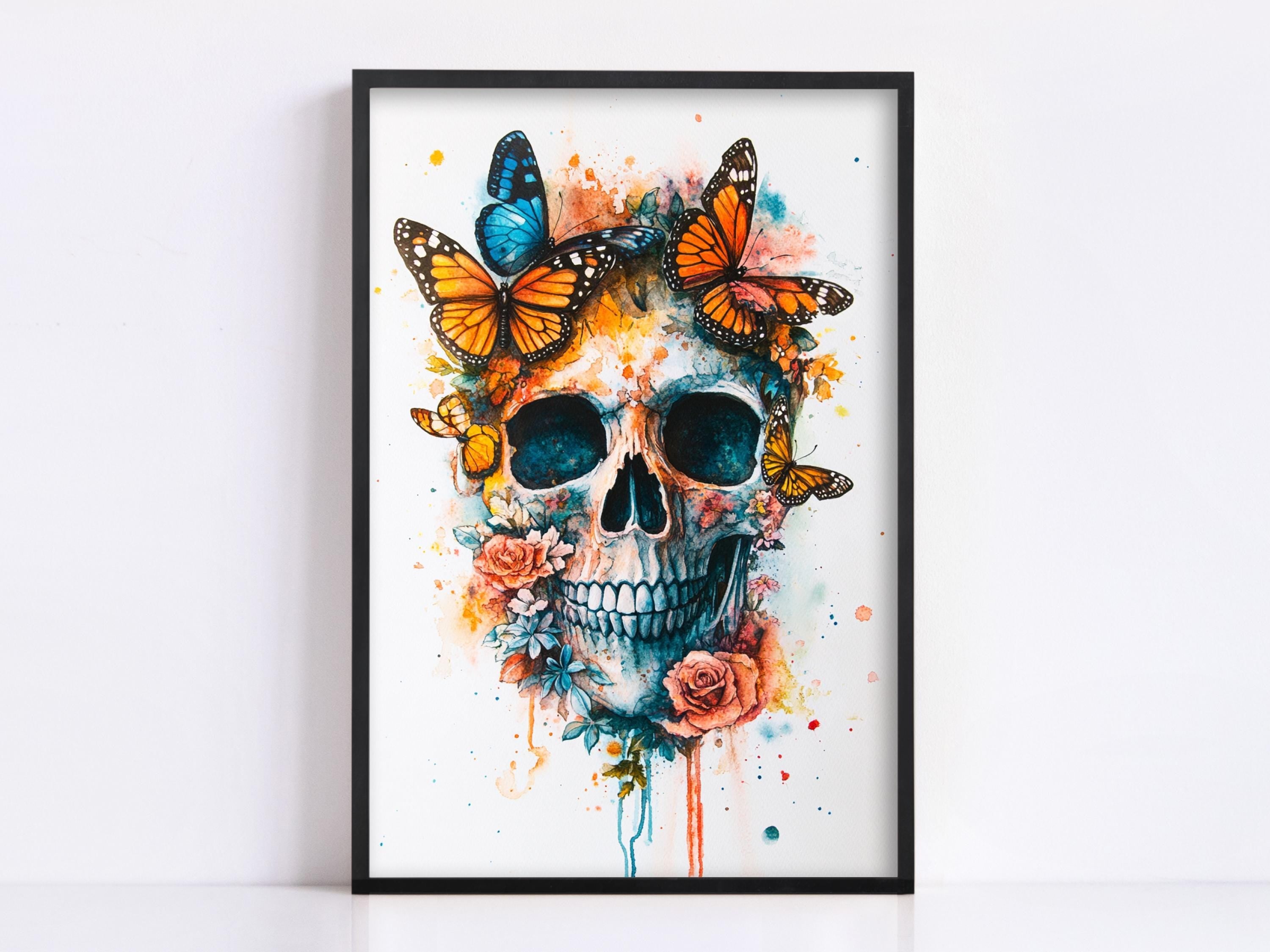 The image is a framed artwork depicting a skull surrounded by butterflies and flowers, creating a vibrant and colorful composition.