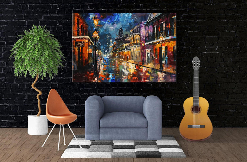 a modern living room with a large painting of a city street scene hanging on the wall. The painting is vibrant and colorful, depicting a lively urban atmosphere. In the room, there is a gray armchair, a potted plant, and a guitar, creating a cozy and inviting atmosphere.