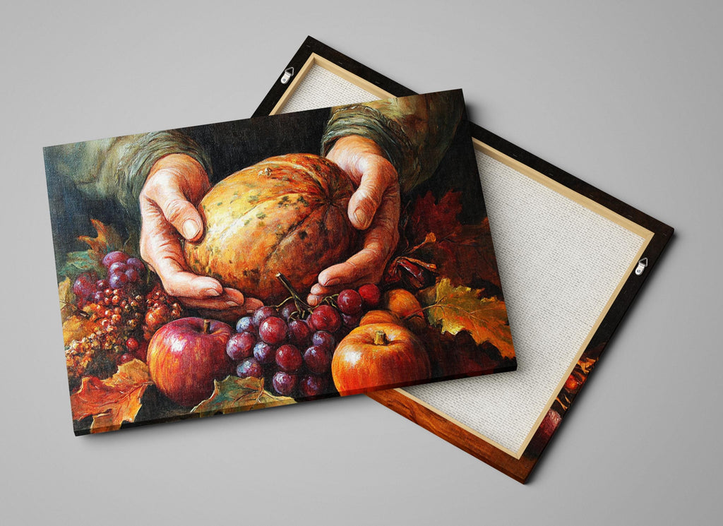 a pair of hands holding a large, round fruit, surrounded by various fruits such as apples, grapes, and a pumpkin.
