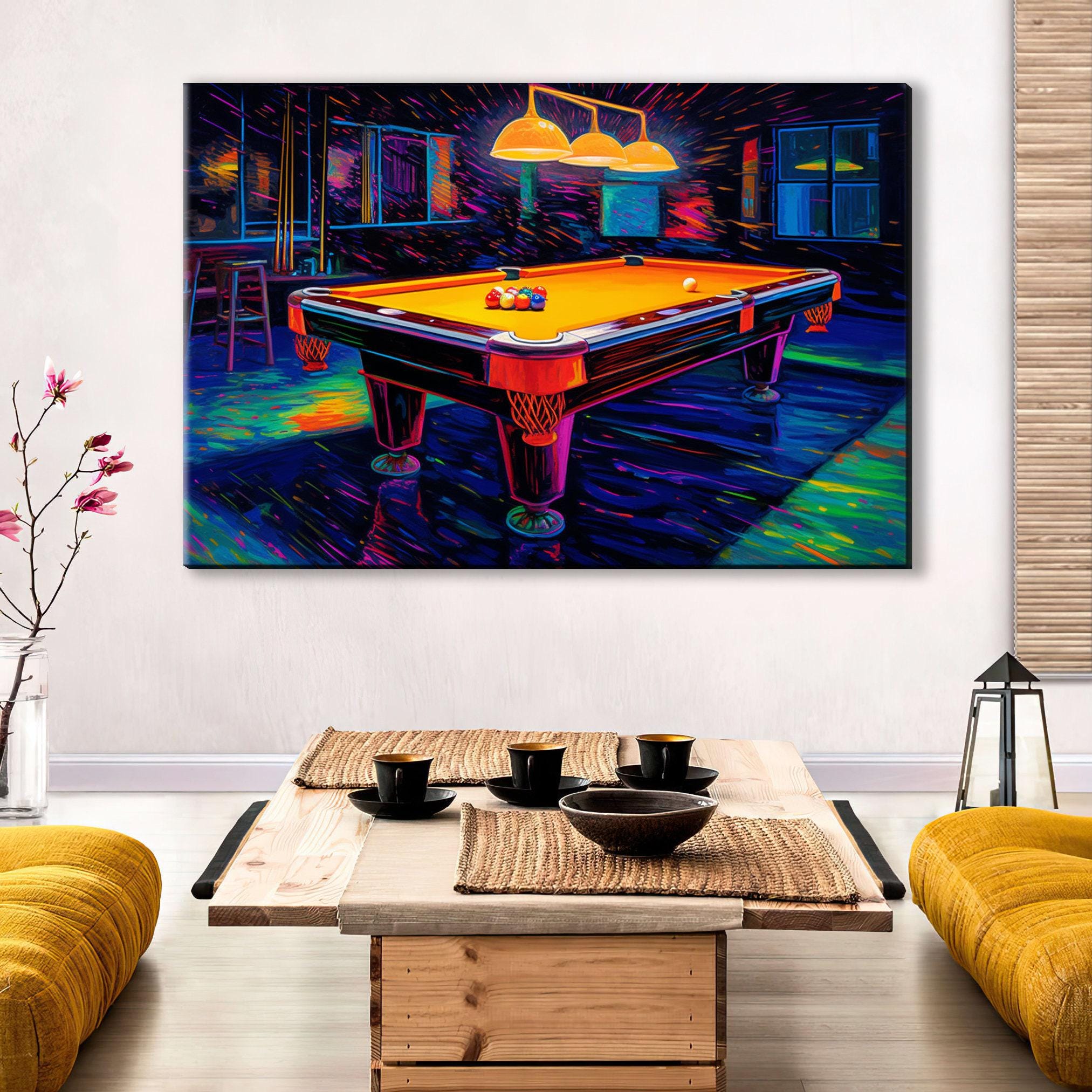 Neon Synthwave Pool Art – Vintage Billiards Table Print | Ready to Hang Canvas
