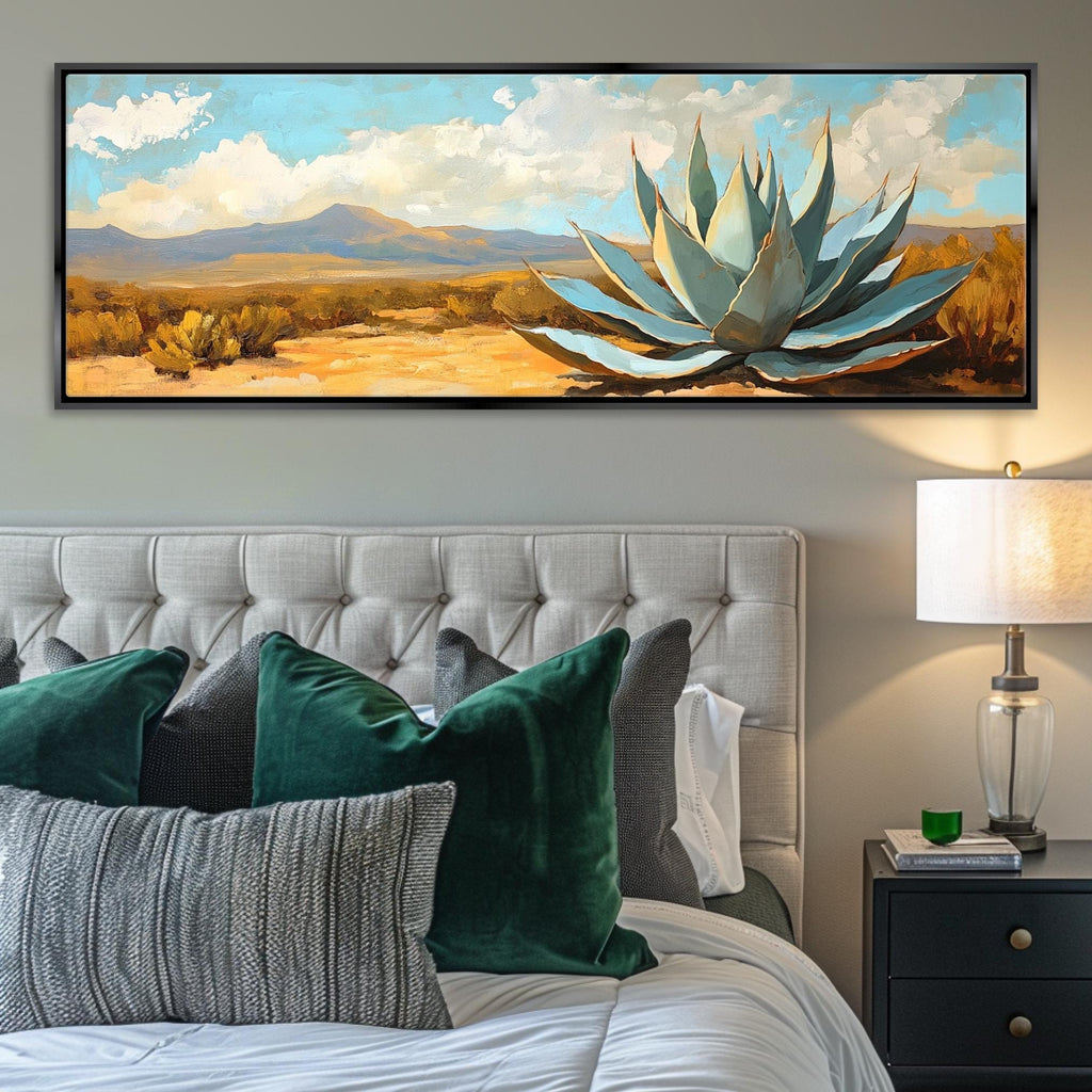 a painting of a large succulent plant on a wall above a bed