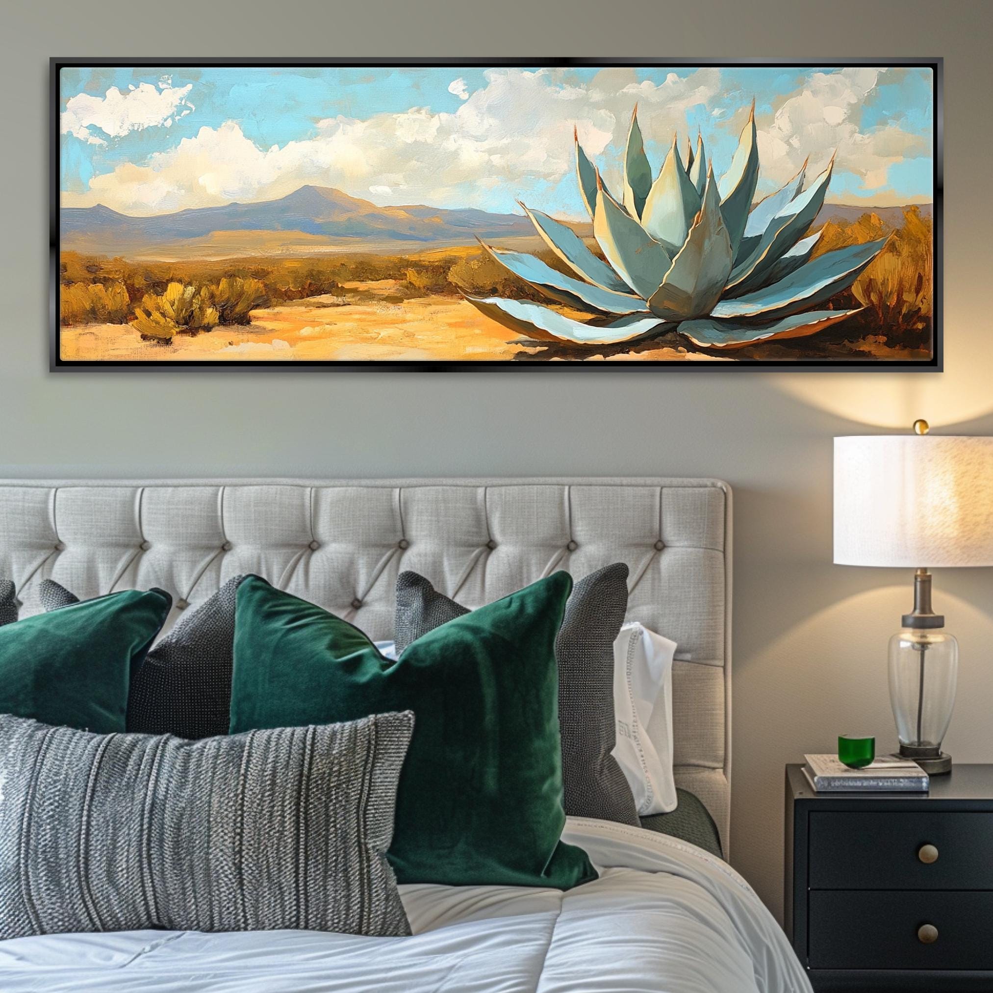a painting of a large succulent plant on a wall above a bed