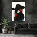 a painting of a woman with red hair wearing a black hat