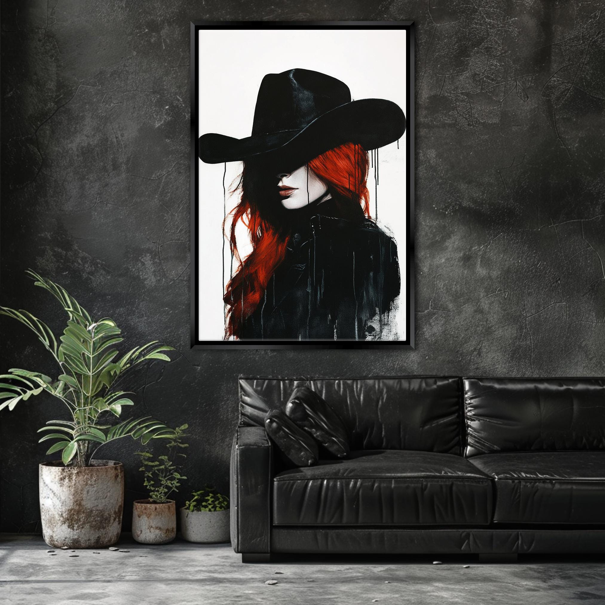 a painting of a woman with red hair wearing a black hat