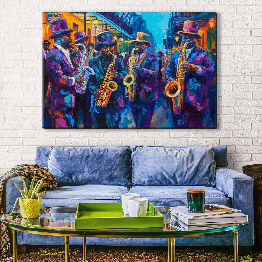 a vibrant painting of a group of musicians playing saxophones, set against a colorful backdrop of a city street. The painting is hung on a white brick wall above a blue couch, which is positioned in front of a glass coffee table. The table is adorned with a green tray and a stack of books, creating a cozy and inviting atmosphere in the living room.