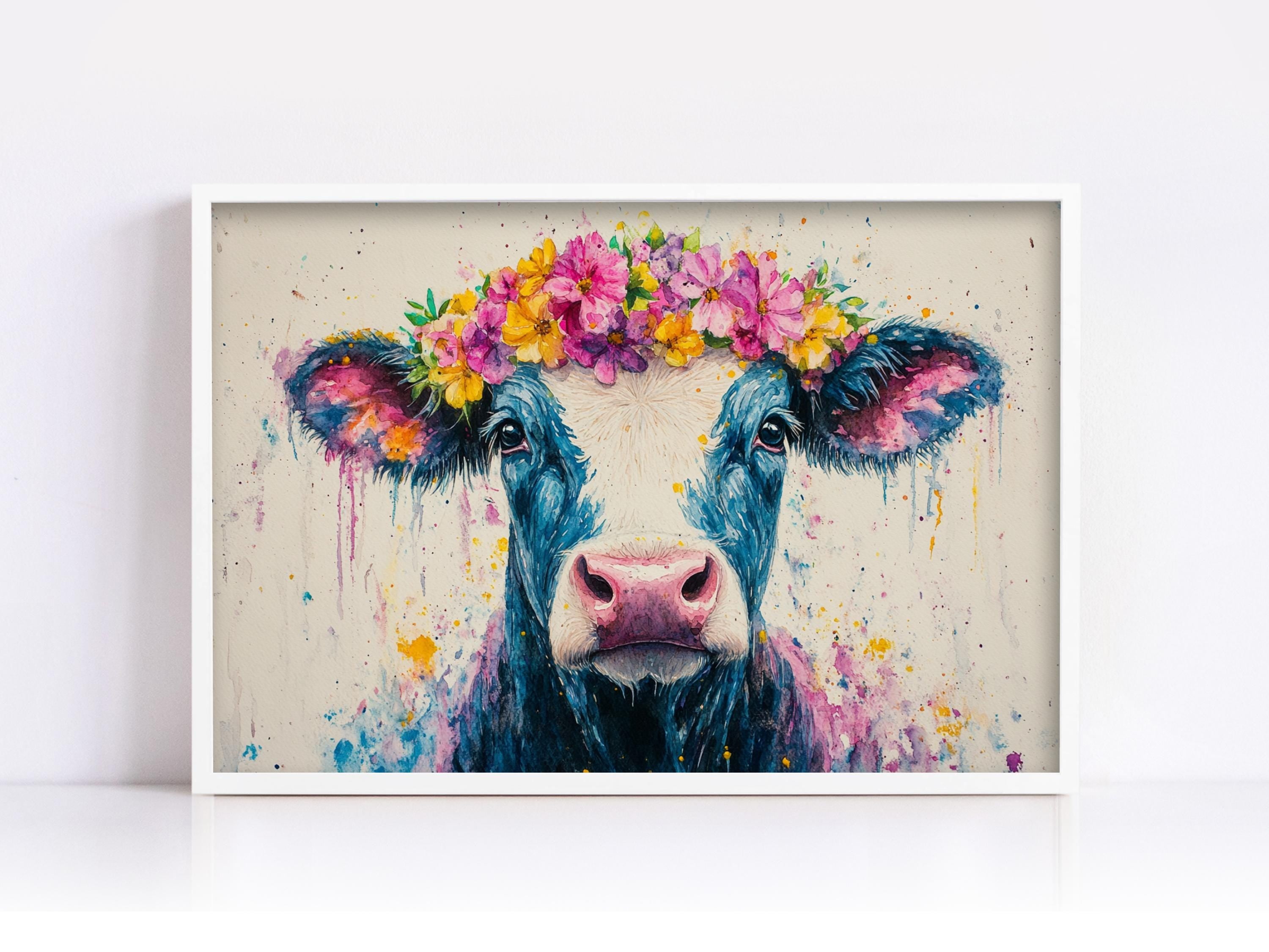 A cow with a flower crown on its head is the main subject of the image.