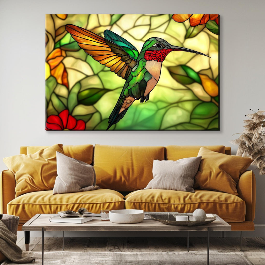 a living room with a couch and a painting on the wall