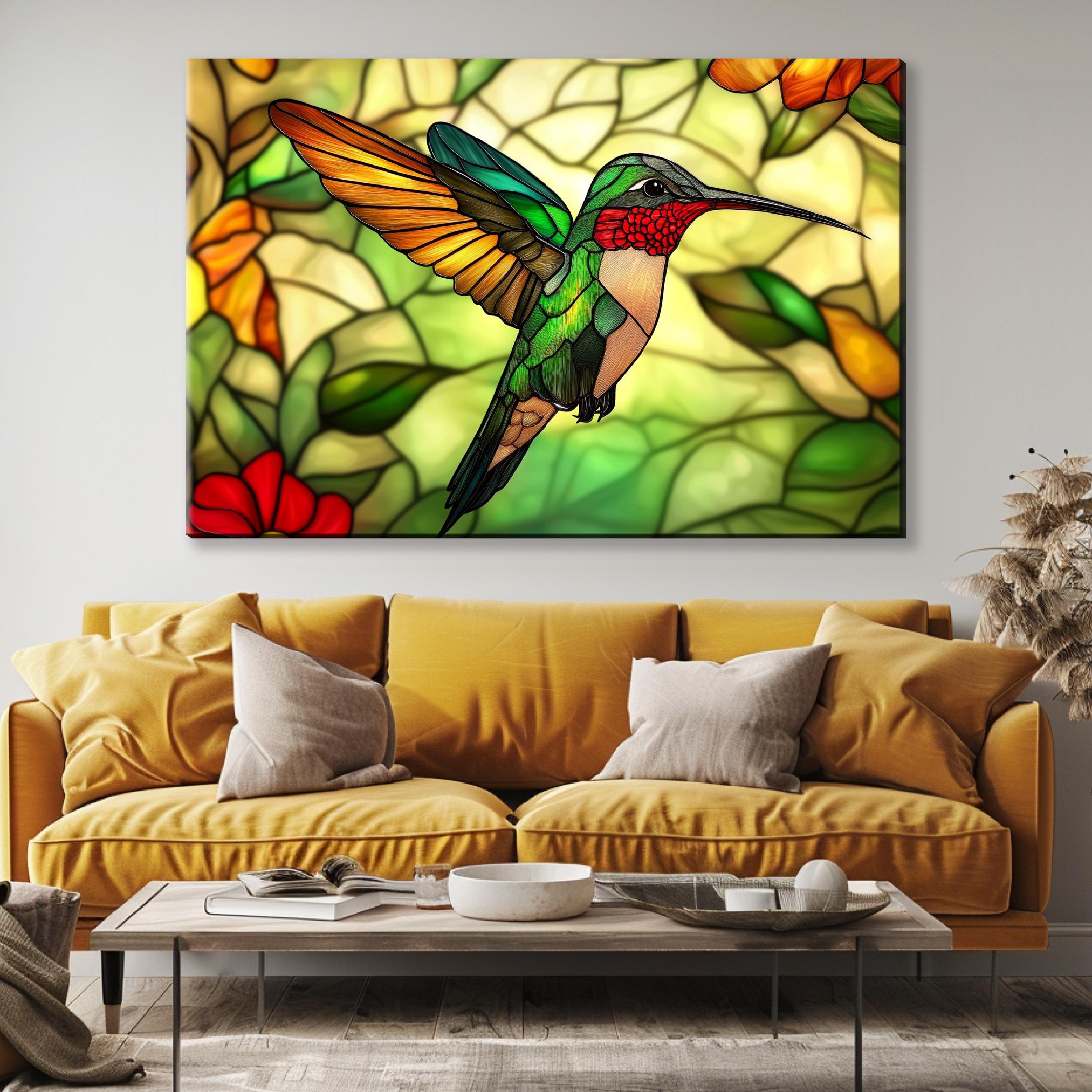 a living room with a couch and a painting on the wall