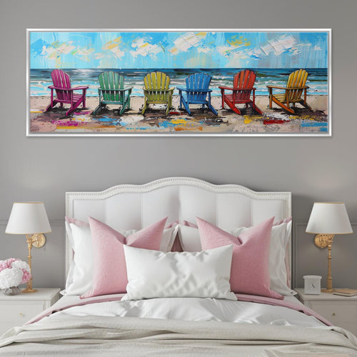 a bed with a white headboard and a painting on the wall above it