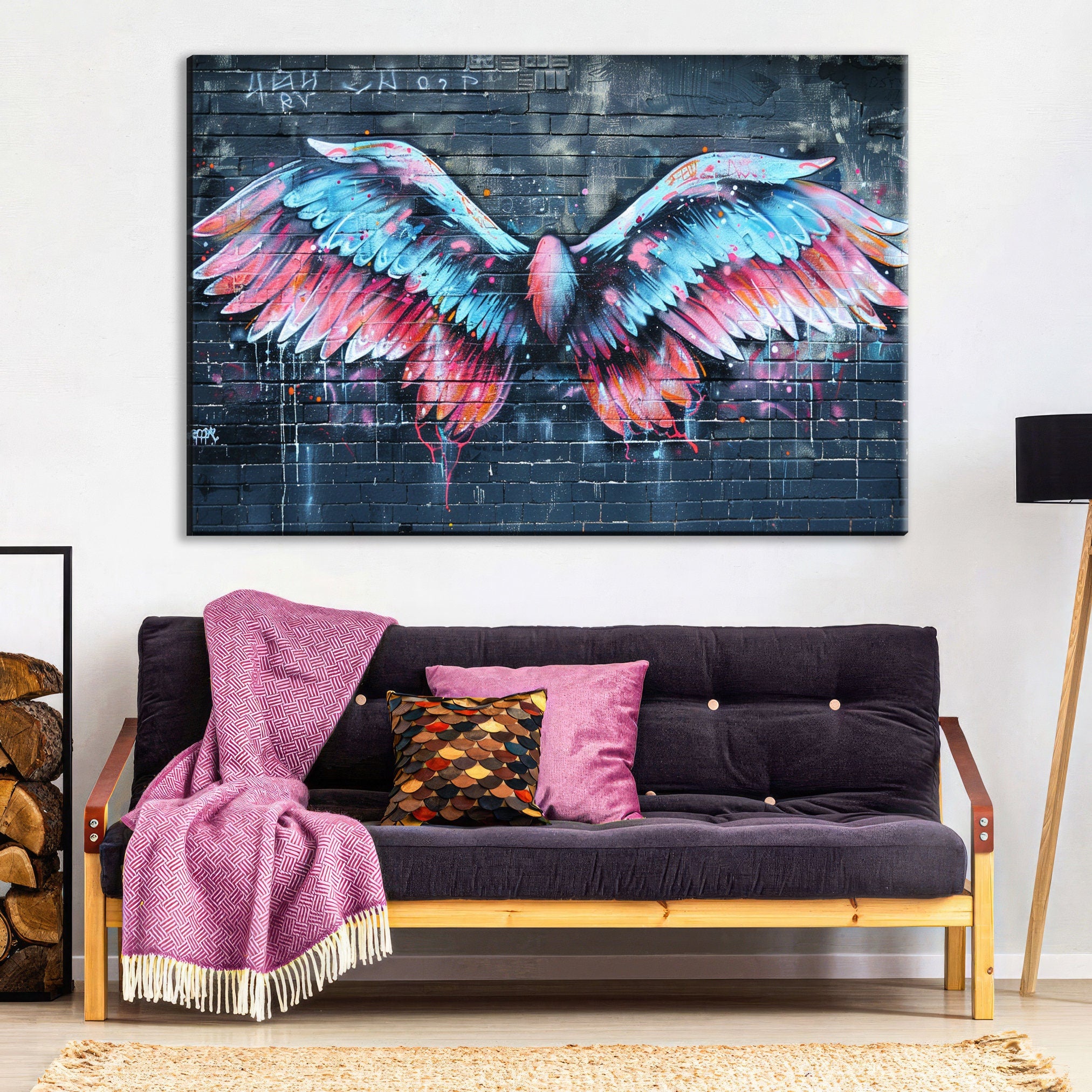 Graffiti Angel Wings Art – Vibrant Urban Street Canvas Wall Art, Ready to Hang