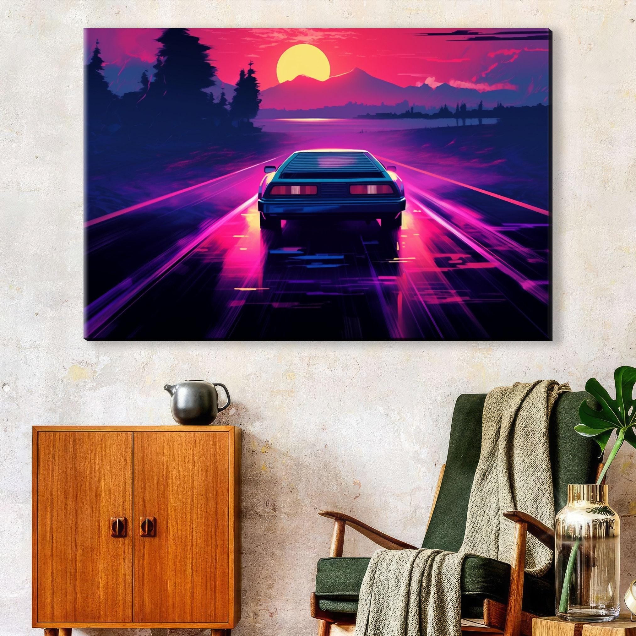 Neon Synthwave Canvas – 80s Outrun Art | Extra Large Gallery Wrapped Canvas Print