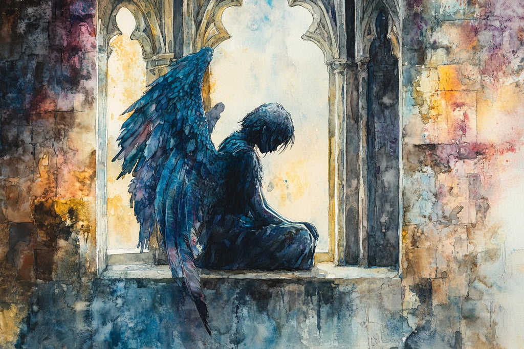 A dark, winged figure sits in a window frame, with a colorful, abstract background.