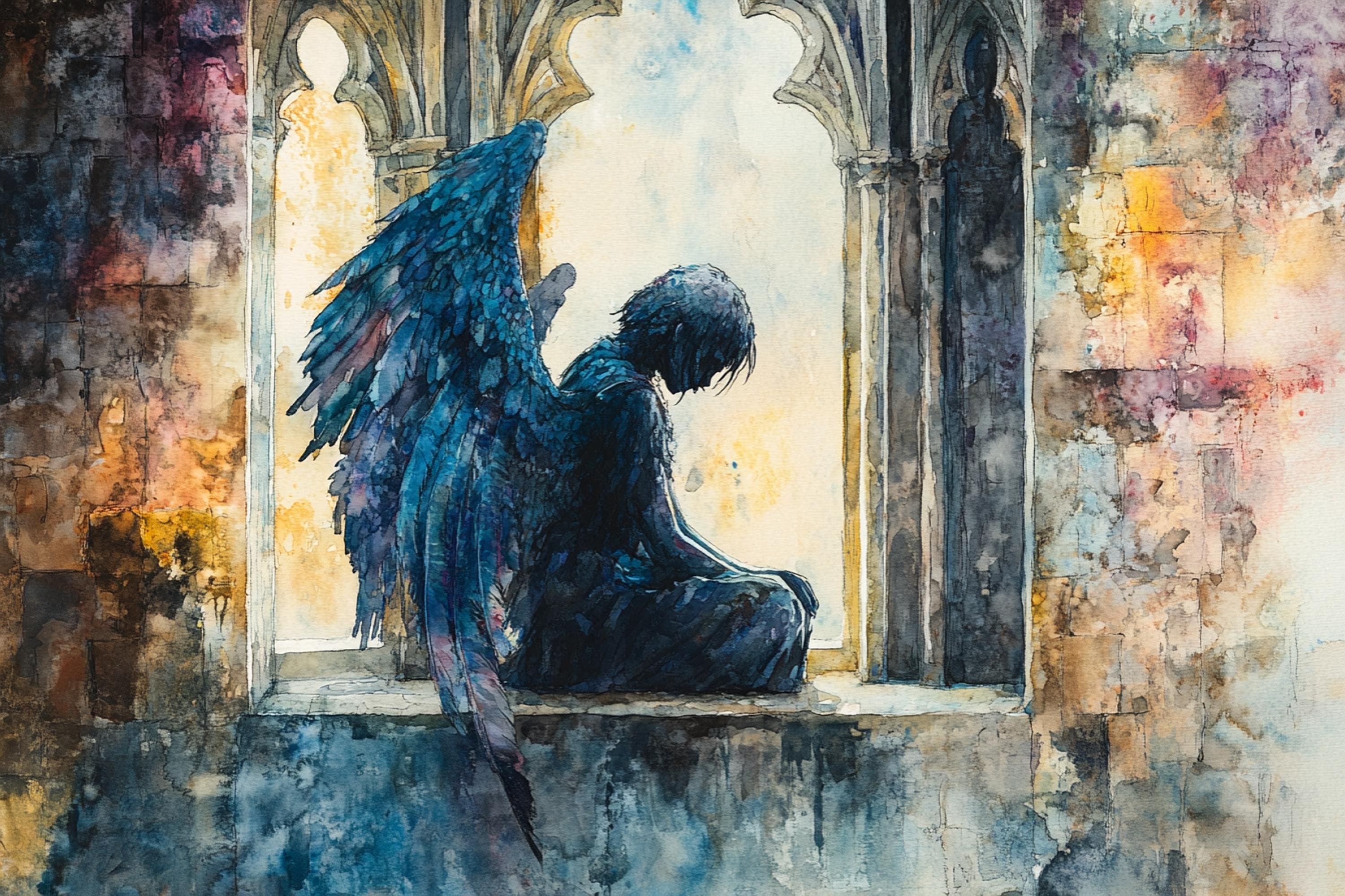 A dark, winged figure sits in a window frame, with a colorful, abstract background.