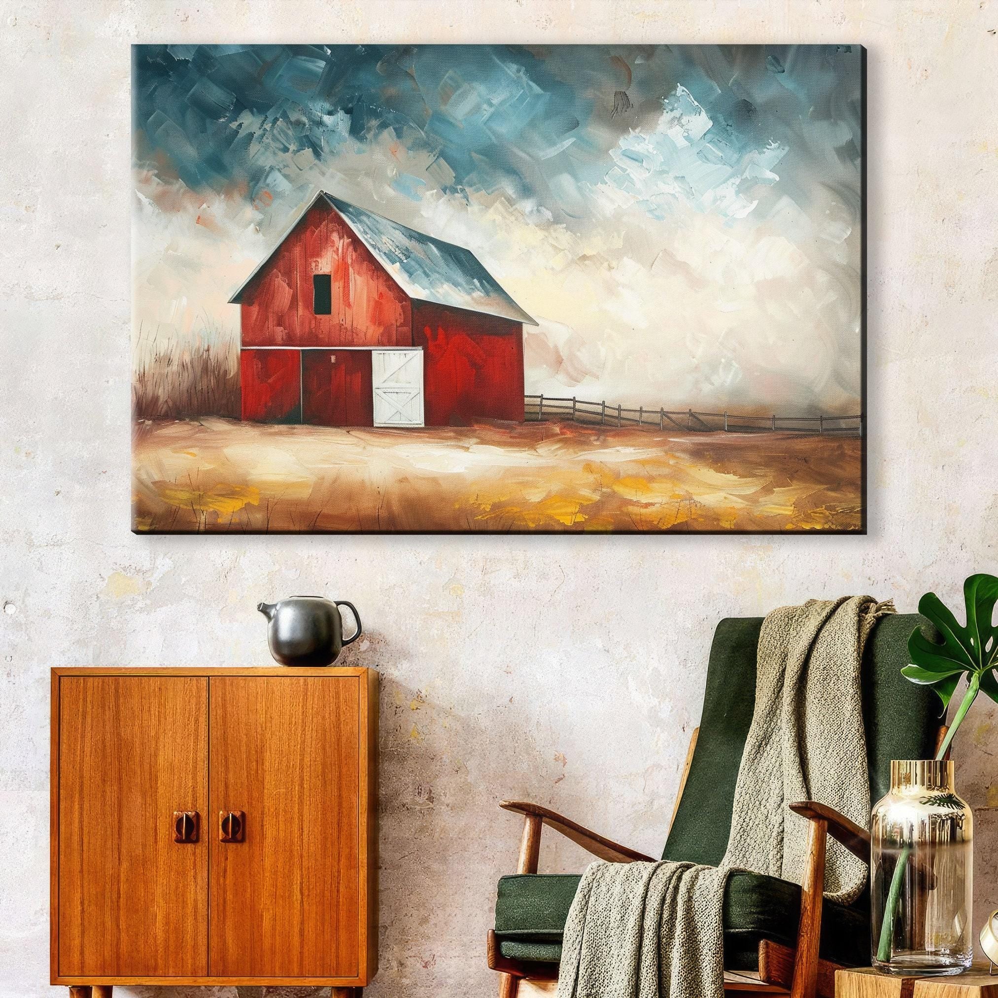 Rustic Farmhouse Wall Art - Large Canvas Art with Red Barn, Gallery Wrapped Canvas
