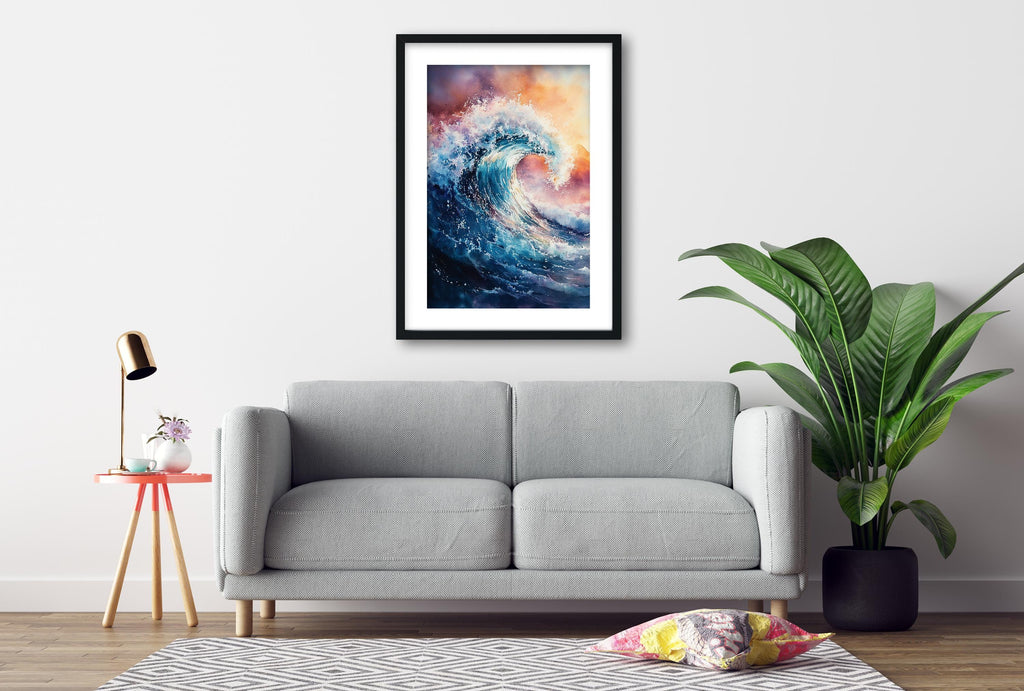 a gray sofa, a framed painting of a wave, a small table with a lamp, and a potted plant, all arranged in a living room setting.