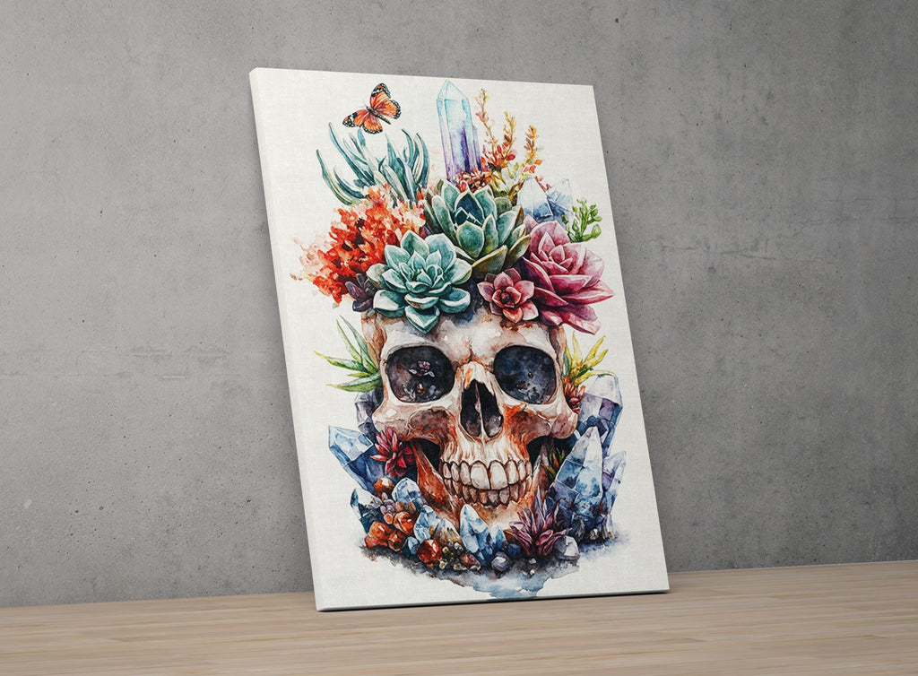 The image is a vibrant and colorful painting of a skull surrounded by an array of flowers, plants, and crystals, creating a striking and visually captivating composition.