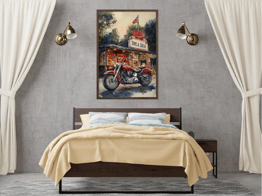 a bedroom with a large bed, a nightstand, and a framed painting of a motorcycle on the wall above the bed.