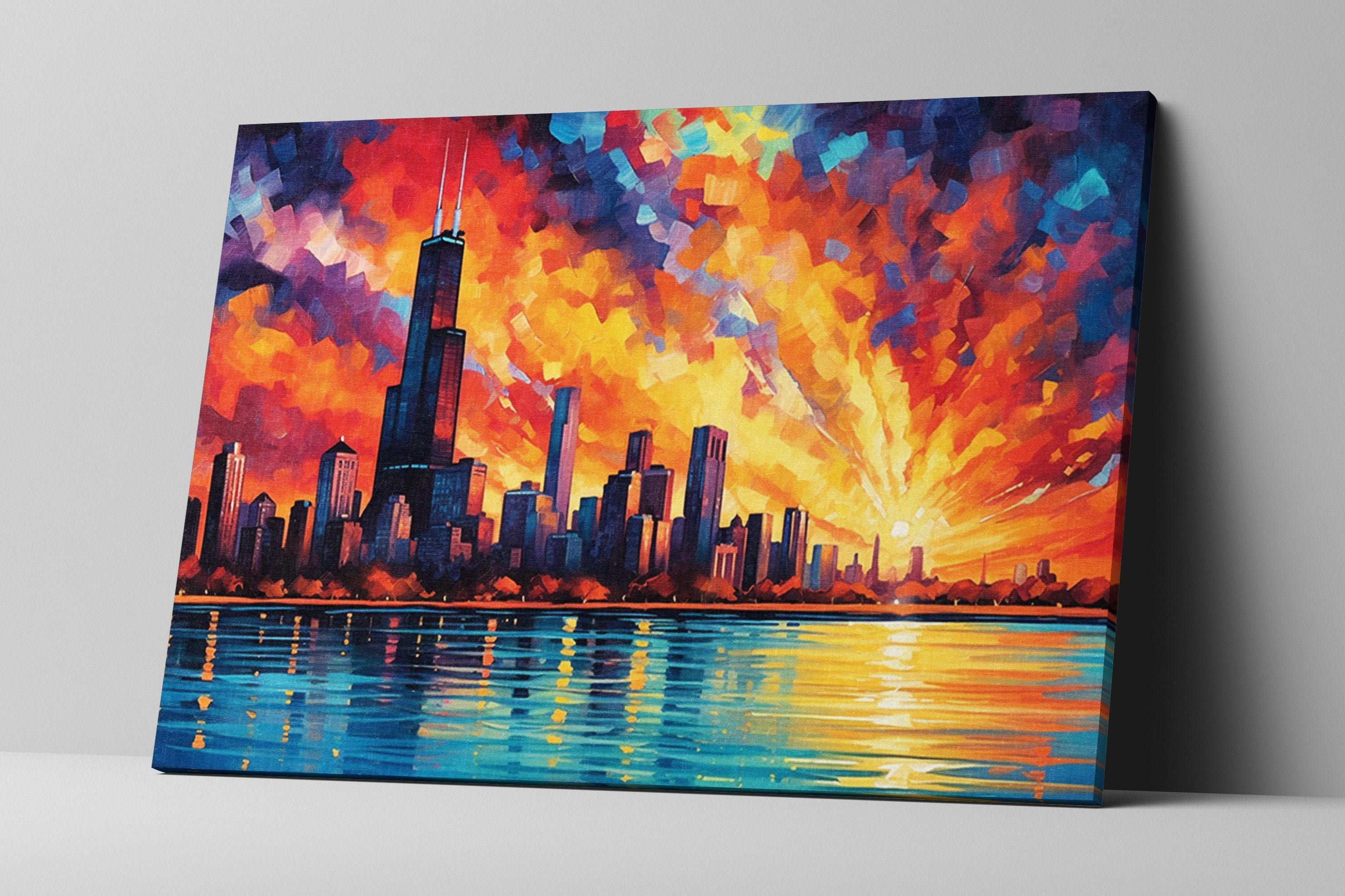 The image is a vibrant painting depicting a cityscape with a tall skyscraper, a body of water, and a colorful sunset in the background.