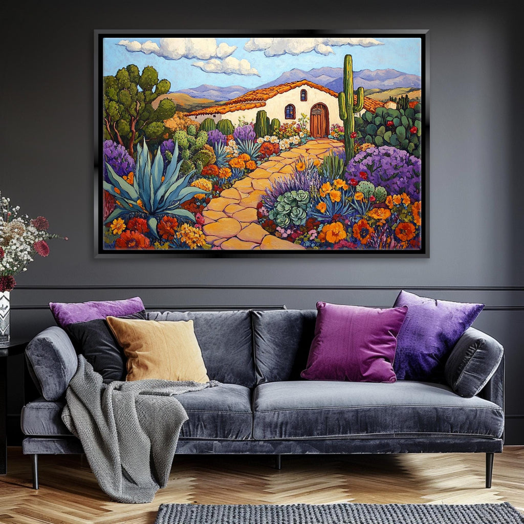 a living room with a couch and a painting on the wall
