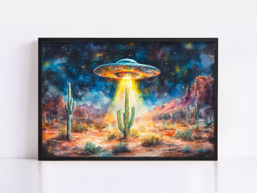 A painting depicting a large, colorful alien spacecraft hovering over a desert landscape with cacti and mountains in the background, under a starry night sky.