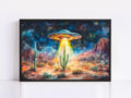 A painting depicting a large, colorful alien spacecraft hovering over a desert landscape with cacti and mountains in the background, under a starry night sky.