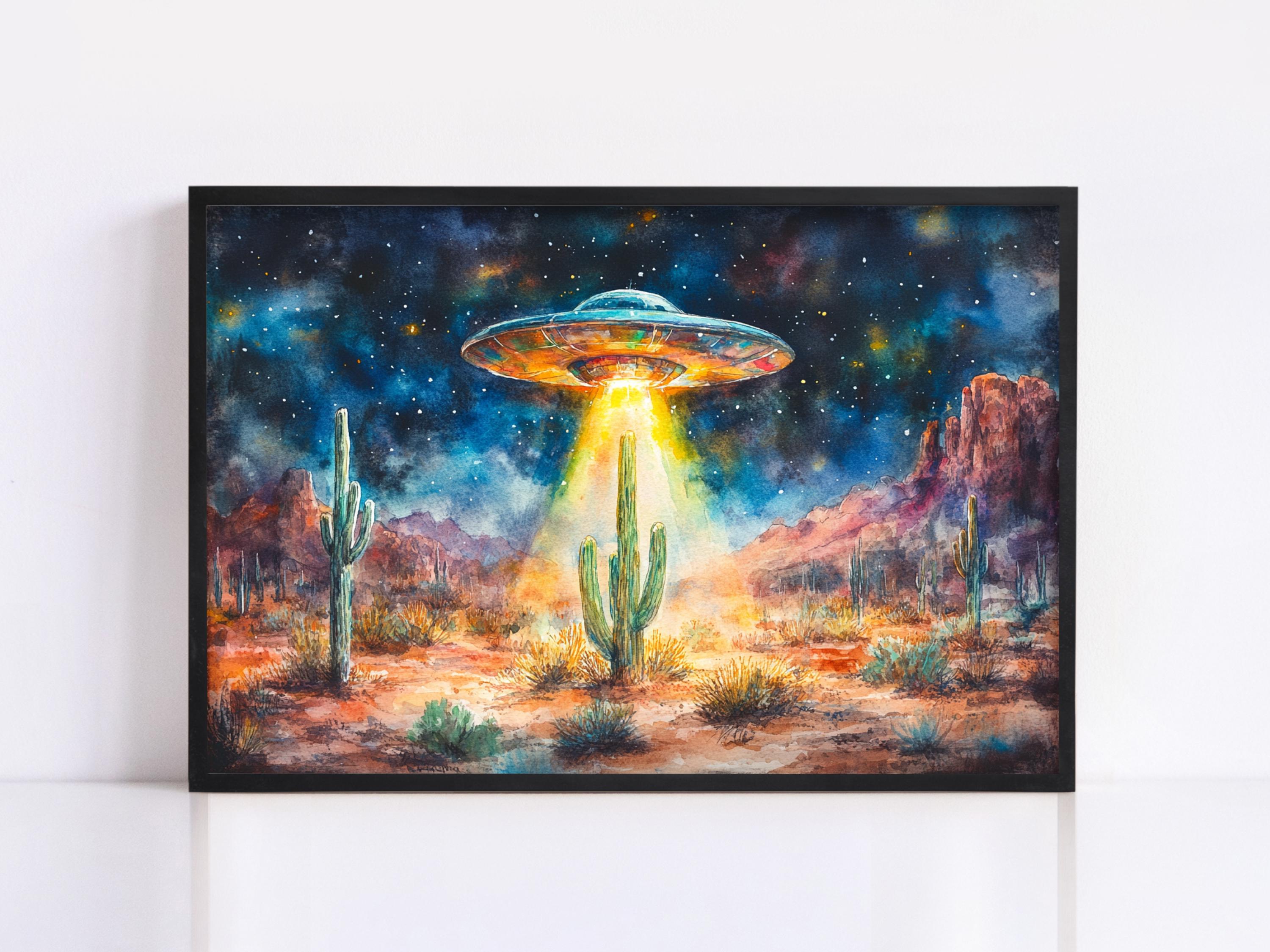 A painting depicting a large, colorful alien spacecraft hovering over a desert landscape with cacti and mountains in the background, under a starry night sky.