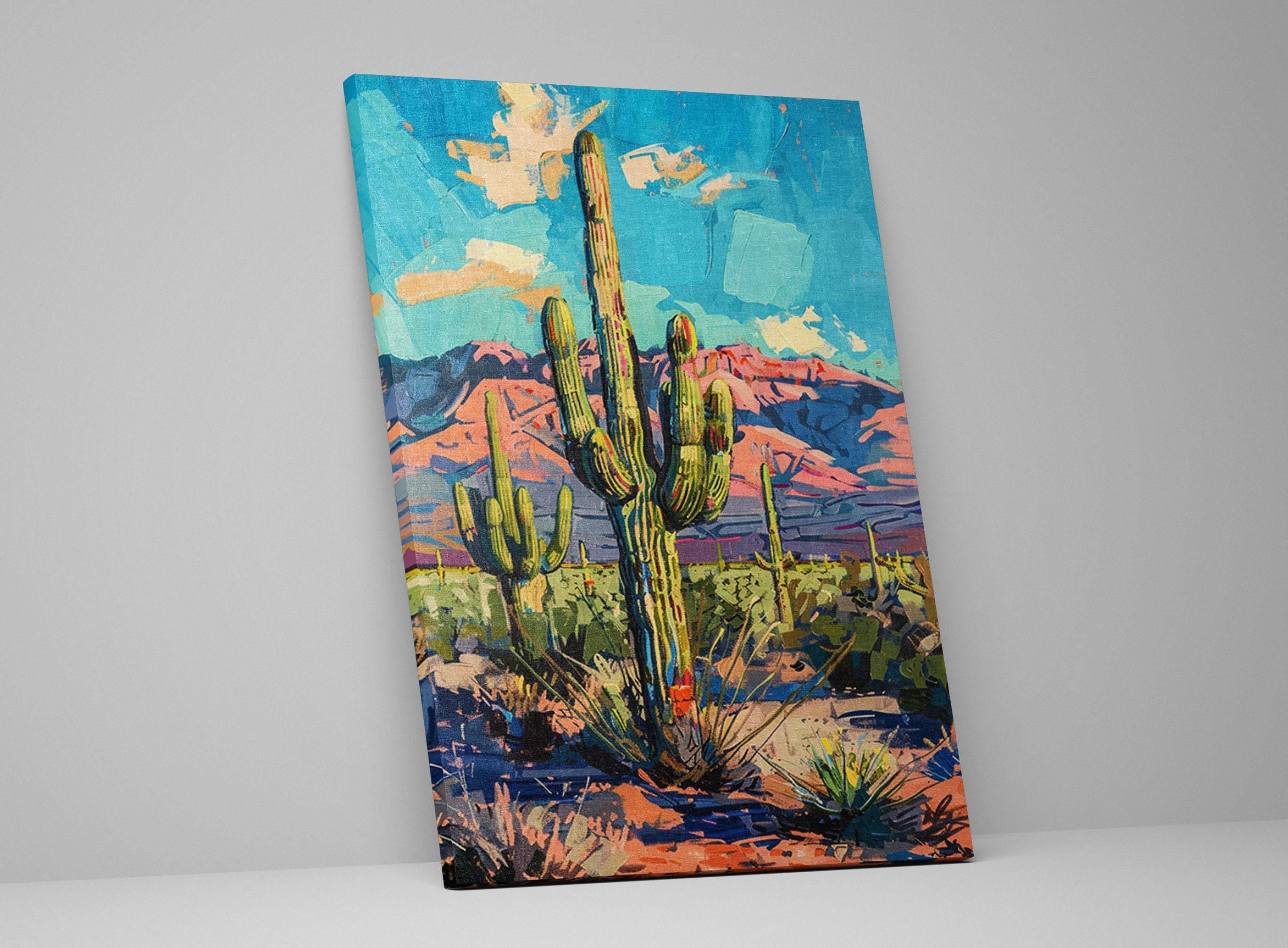 Saguaro Cactus Wall Painting – Large Gallery Wrapped Canvas with Acid-Free Inks