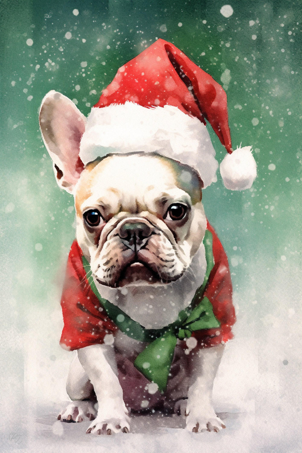 Festive French Bulldog in Santa Hat Watercolor Art, Giclee Print on Canvas, Artist Paper, Watercolor Paper, Available in Extra Large Sizes