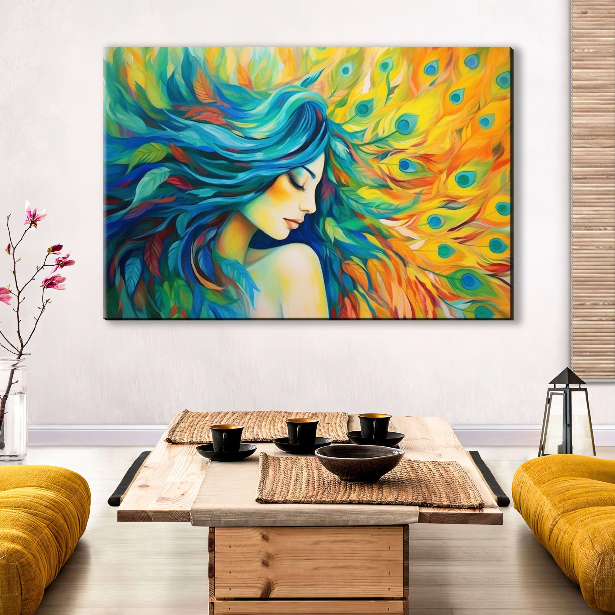 Peacock Feather Canvas - Elegant Woman Portrait Art | Large Gallery Ready Print