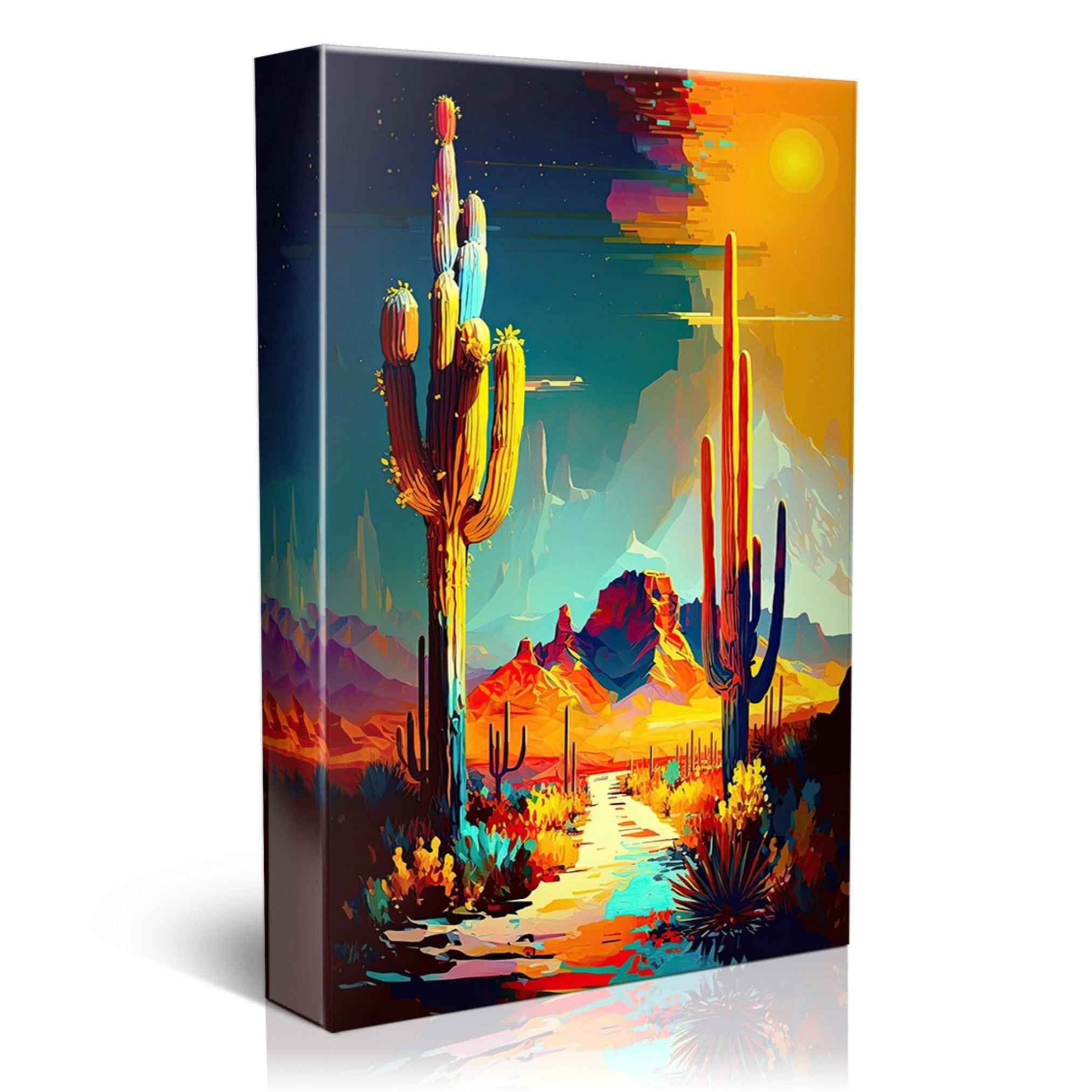 A vibrant, colorful painting depicting a desert landscape with towering cacti, a winding path, and a bright sun in the sky.