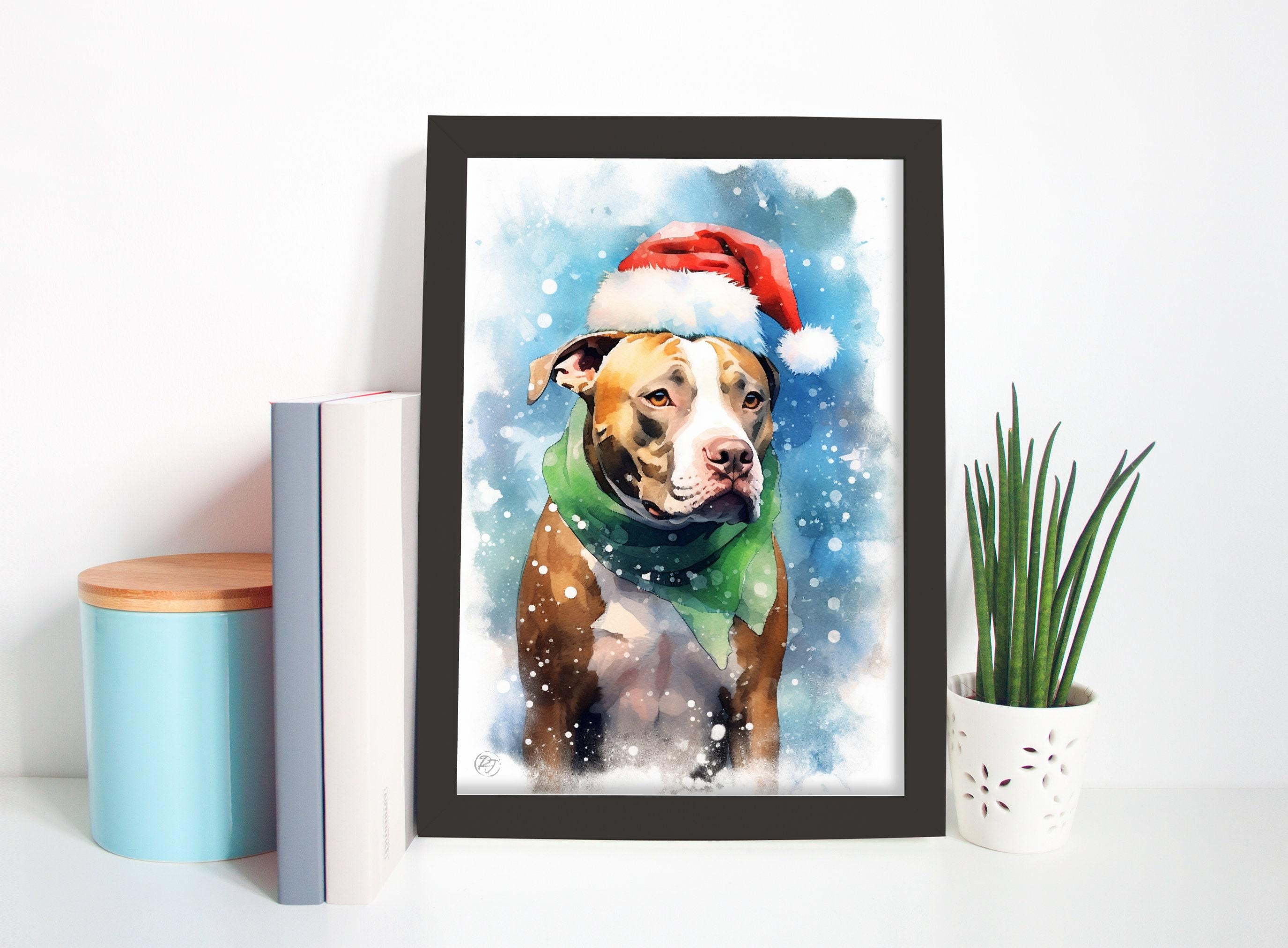 Festive Pitbull in Santa Hat Watercolor Art Print, Giclee Print on Canvas, Artist Paper, Watercolor Paper, Available in Extra Large Sizes