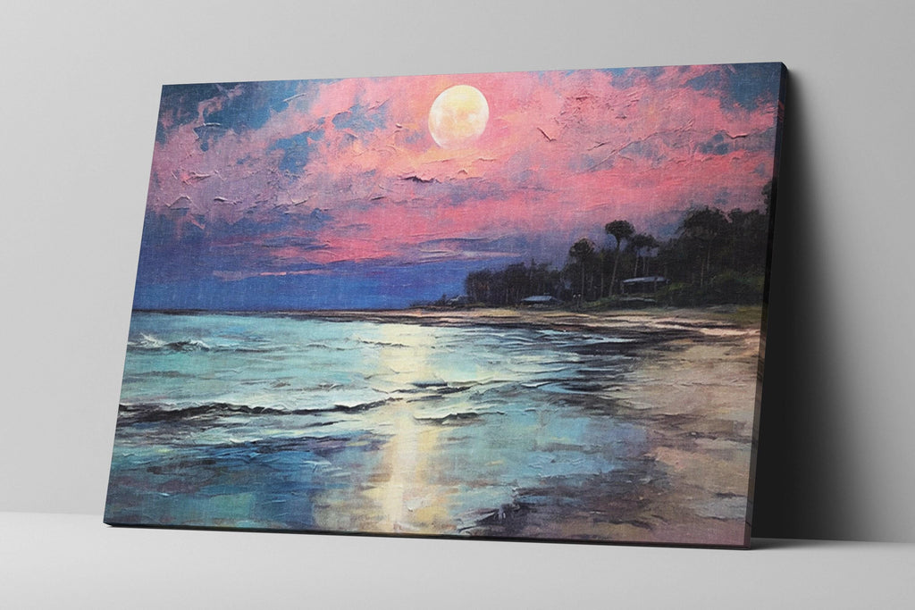 Moonlight Beach Painting – Large Canvas Print | Coastal Wall Art, Gallery Wrapped Canvas