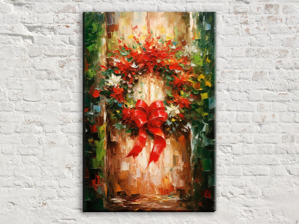 Christmas Wreath Art – Rustic Traditional Holiday Wall Decor on Gallery Wrapped Canvas