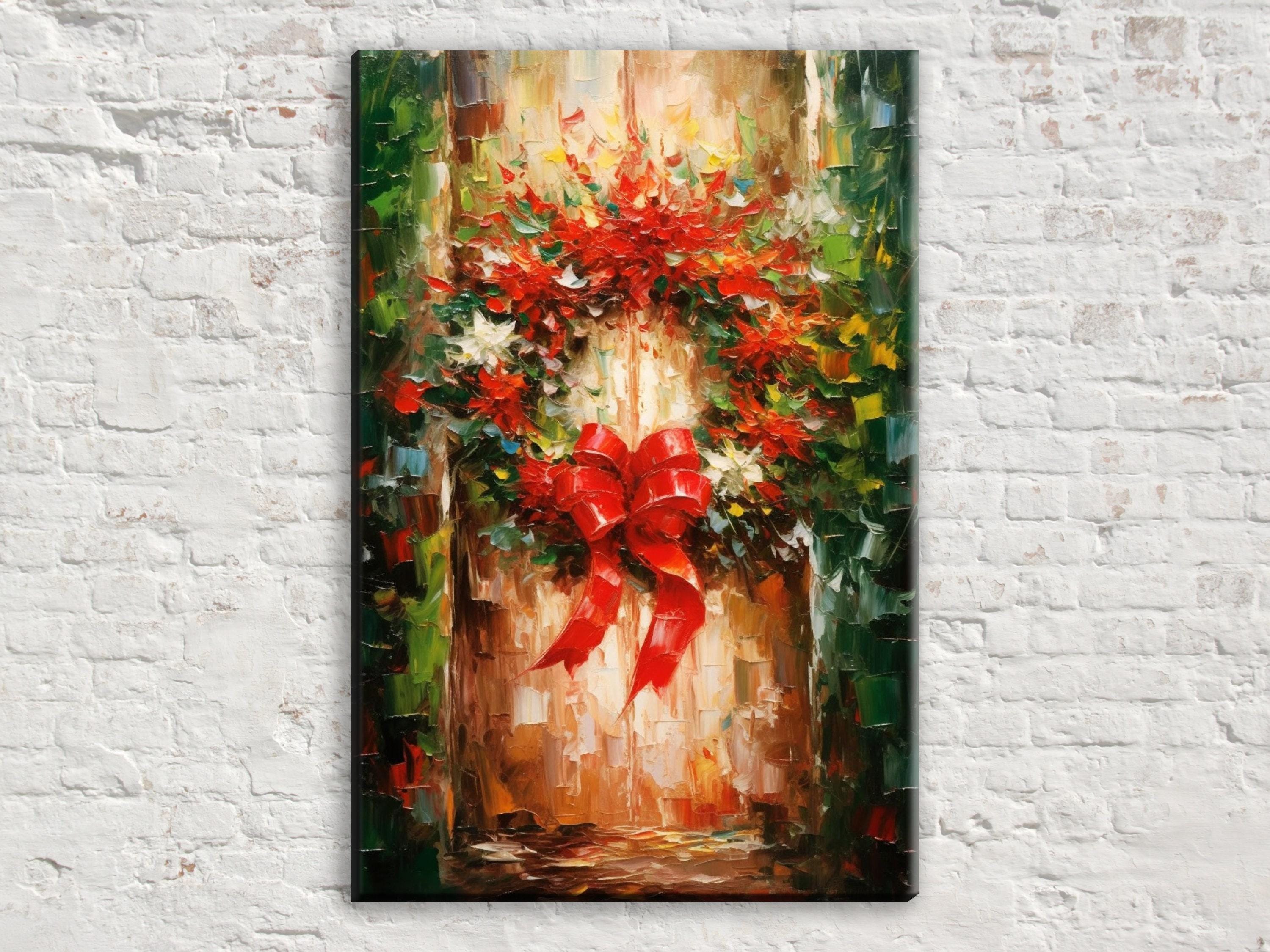 Christmas Wreath Art – Rustic Traditional Holiday Wall Decor on Gallery Wrapped Canvas