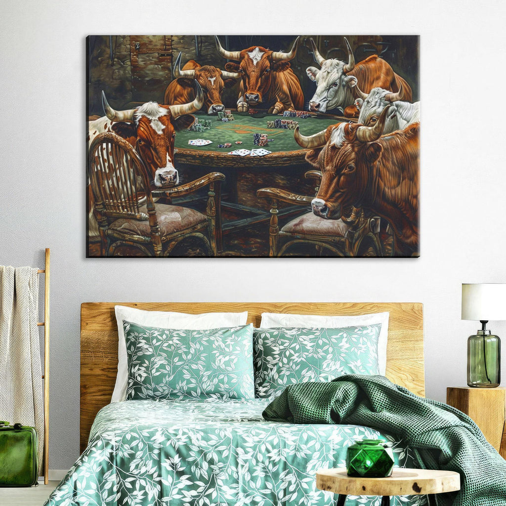 a group of cows gathered around a table, playing a game of poker.