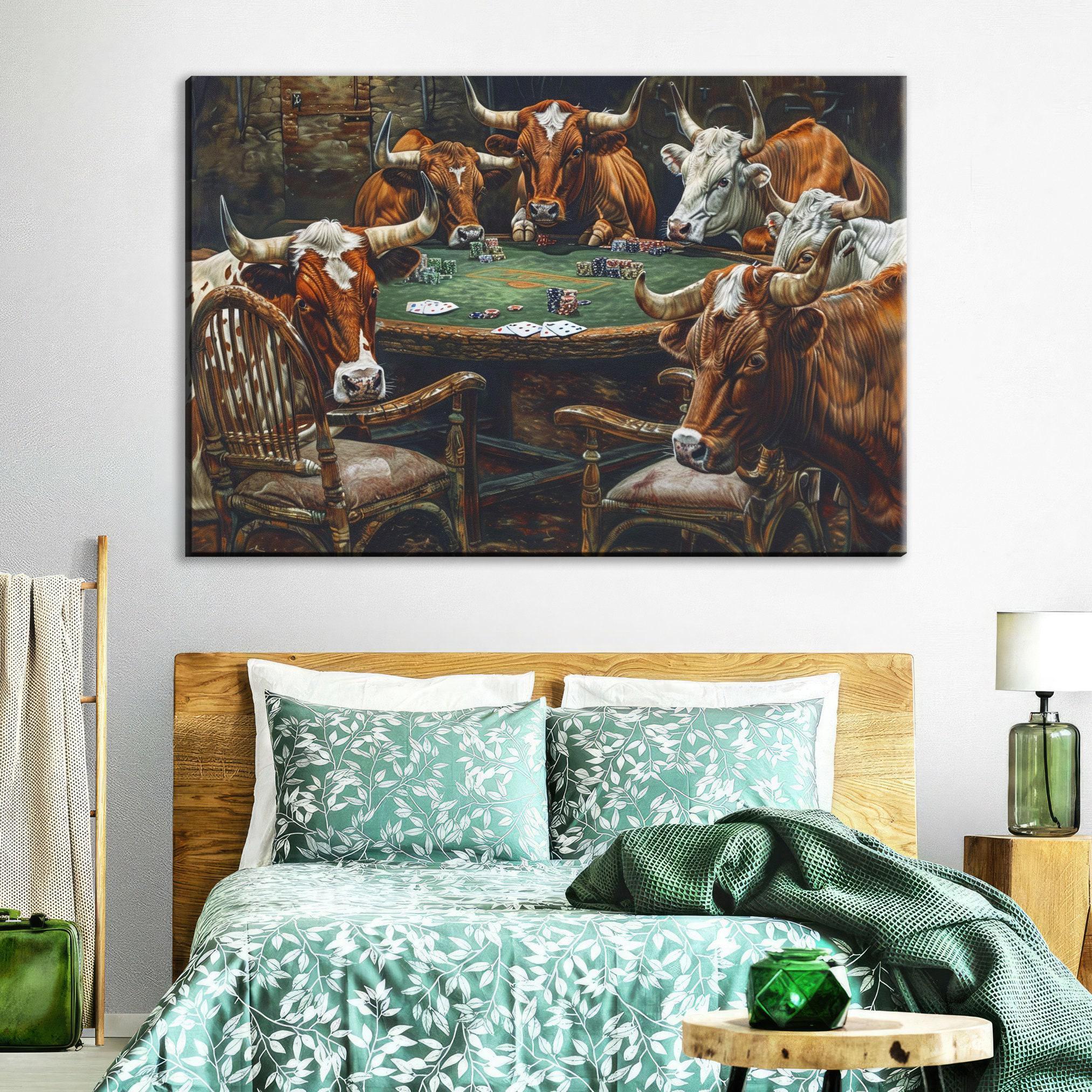 a group of cows gathered around a table, playing a game of poker.