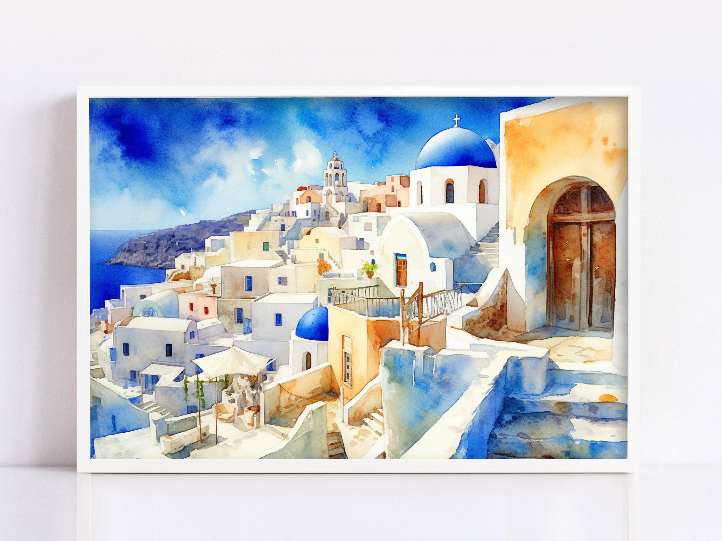 Aegean Serenity in Santorini: Watercolor Painting Print, Print on Canvas, Artist Paper, Watercolor Paper, Available in Extra Large Sizes