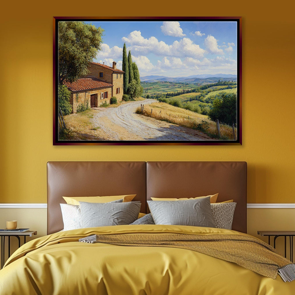 a painting hanging above a bed in a bedroom