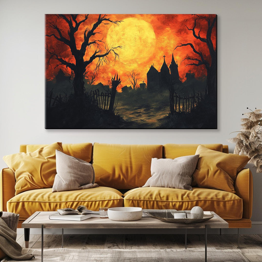 Halloween House Canvas - Extra Large Framed Gothic Wall Art | Orange Black Decor