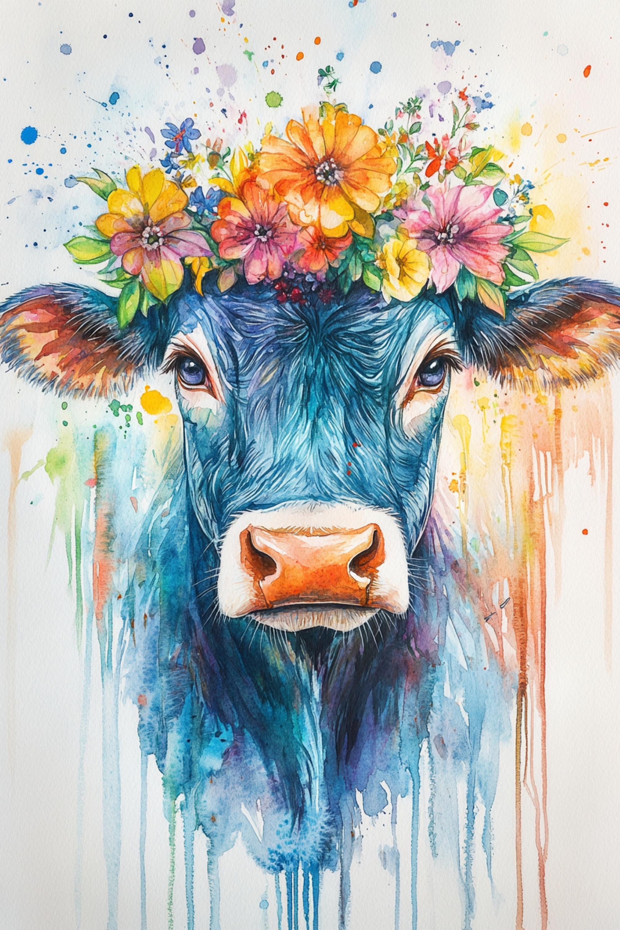 A watercolor painting of a blue cow with a colorful flower crown on its head, surrounded by splashes of watercolor paint.