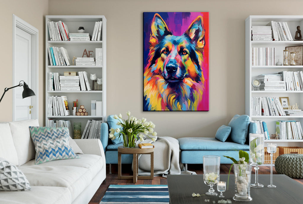 German Shepherd Painting - Large Canvas Wall Art | Colorful Dog Artwork, Giclee Print