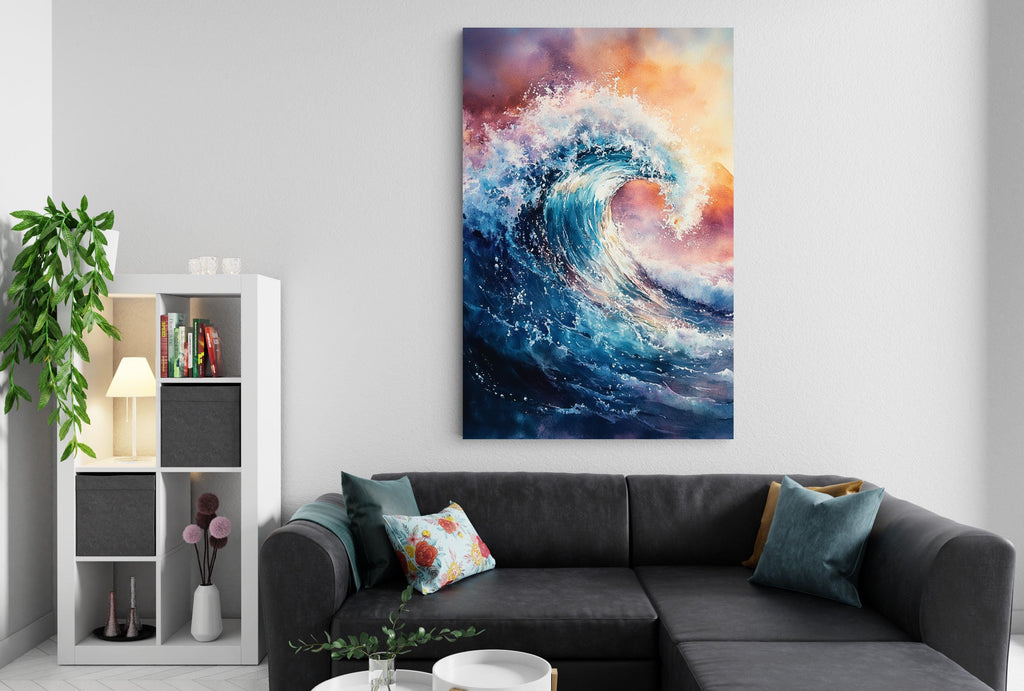 a living room with a gray sectional sofa, a white bookshelf, and a large abstract painting of a crashing wave hanging on the wall.