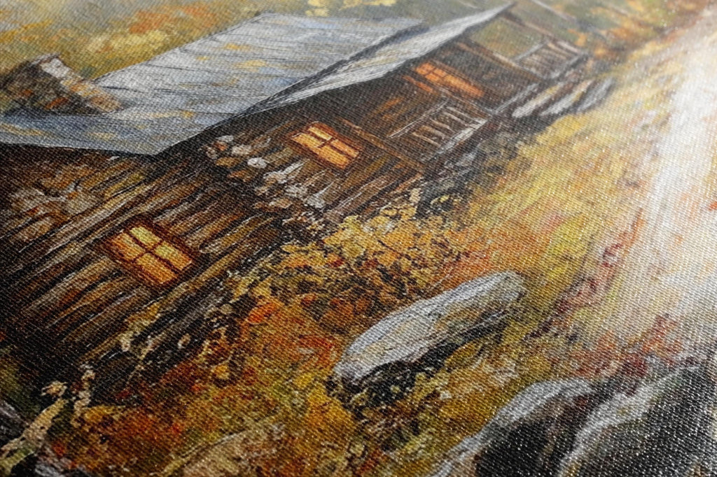 a rustic log cabin nestled in a forested area, with a warm, earthy color palette of orange, yellow, and brown.