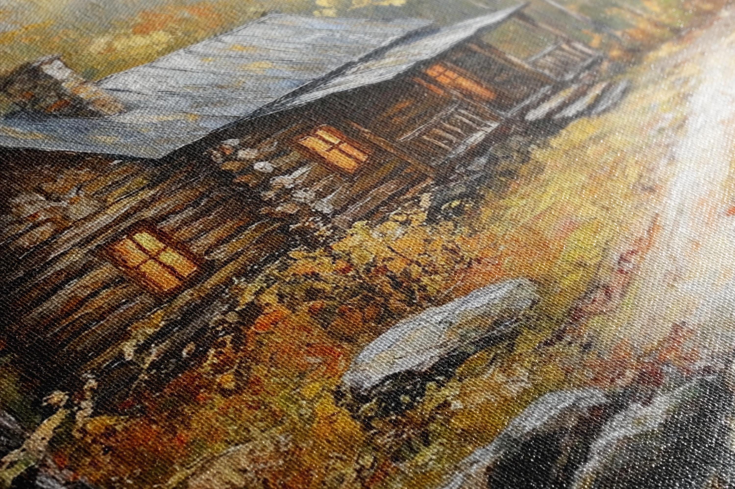 a rustic log cabin nestled in a forested area, with a warm, earthy color palette of orange, yellow, and brown.